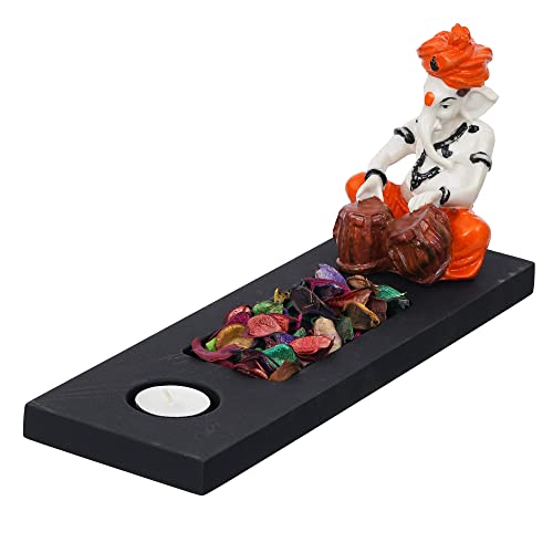 Image of eCraftIndia Orange White Resin Lord Ganesha Idol Playing Tabla Showpiece Potpourri Rectangle Tea Light Candle Holder| Ganpati Murti Tea Light Holder Diwali Decoration Items for Home Decor| Diwali Gift