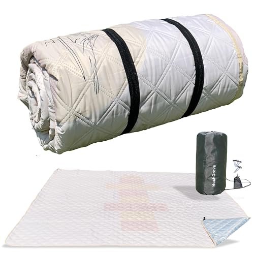 HushGrove(ハッシュグローブ)レジャシート 大判サイズ 200×200cm 厚手 汚れにくい 地面固定用のペグ付き 防風 ? テントマット 防水 アルミフィルム二重構造? 収納袋付き ? 運動遊びデザイン付き ピクニックマット (ベージュ|Hops