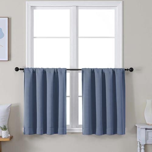 Image of Simplebrand Ava Denim Short 24 Inches Blackout Curtain 2 Panels Set, Half Window Rod Pocket Privacy Curtain Tiers for Kitchen, Curtains Blackout for Bathroom Shades, W30 x L24 Inch, Denim