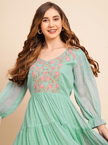 Image of RATAN Women's Floral Embroidered Puff Sleeve Chiffon Flared Tiered Kurta Gown Maxi Dress
