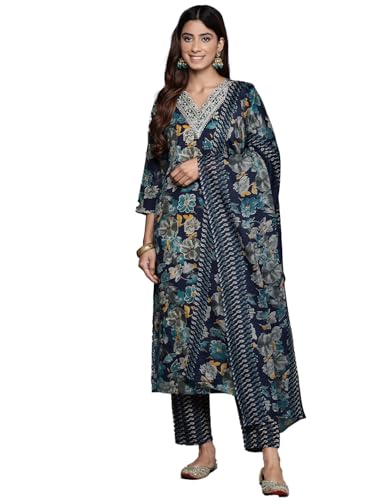 Image of Varanga Women Embroidered Kurta Pant Set with Dupatta | Silk Blend Fabric | V-Neck 3 /4 Sleeve Ankle Length| Wedding Ethnic Wear