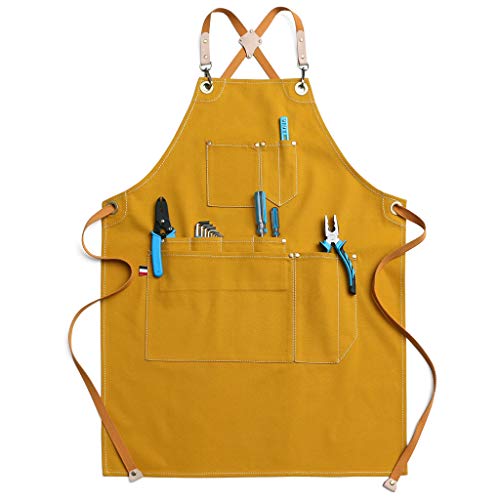 Jeanerlor Cotton Canvas Stylist Apron With Pockets Water-Resistant Tool Aprons for Women Cross-Back Straps Design Fully Adjustable S to MYellow