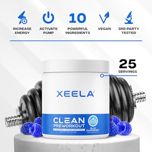 Image of XEELA Pre Workout Powder - Clean & Tested - Jitter Free, Safe, and Natural - Increase Thermogenic Energy, Focus, and Endurance w /Creatine, Organic Caffeine, and Plant Based Citrulline (Blue Raspberry)