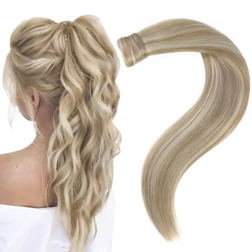 Image of Easyouth Ponytail Human Hair Extensions Wrap Around Ponytails Human Hair Golden Blonde Highlighted Light Blonde Straight Pony Tail Hair Extensions Add Volume for Women Party Wear 14Inch 70g