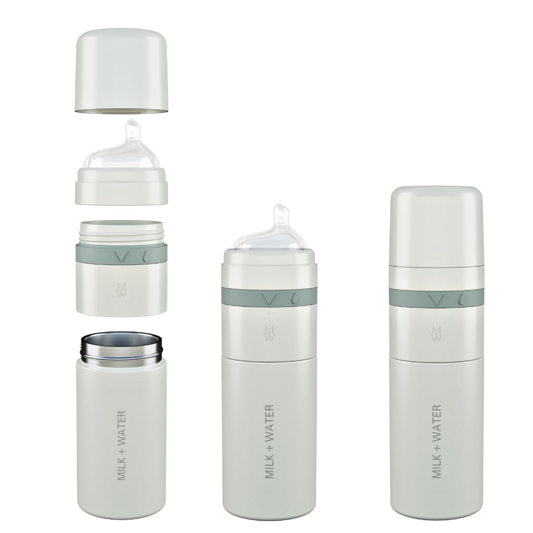 MILK & WATER All-in-One Stainless Steel Baby Bottle & Baby Formula Dispenser On the Go, Keeps Water Warm & Formula Fresh, Leak Proof Bottle, Formula