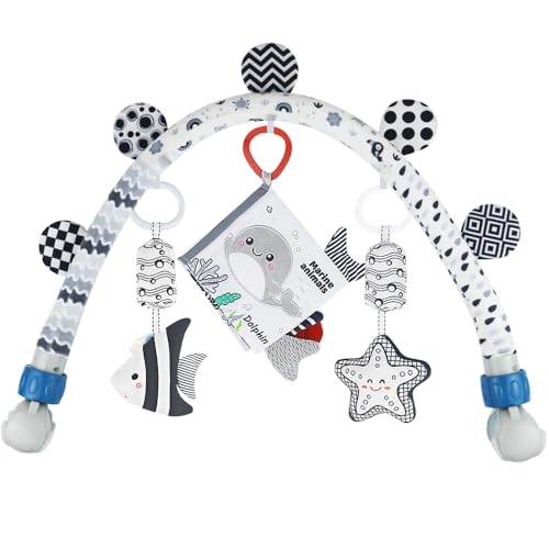 Baby Activity Travel Mobile Arch Bassinet Toy Black and White High-Contrast Crib Toys with Rattle and Book Strolle Pram and Crib Attachment with Hanging Toys (Ocean)