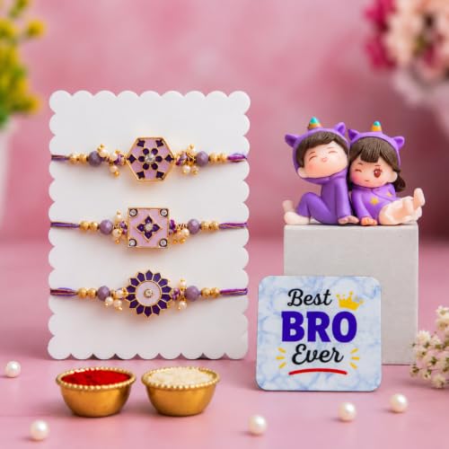 Image of ecraftindia Rakhi Gift Set for Brother with 3 Designer Purple Rakhis, Cute Brother & Sister Showpiece, Best Bro Ever Fridge Magnet, Roli Chawal | Raksha Bandhan Gift Combo for Bhai
