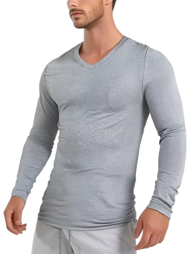 JanJean Mens Long Sleeves Crew Neck Solid Thermal Top Slim Fit Undershirt Base Layer Pullover Shirt Grey X-Large