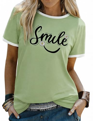 Aottori T-Shirt Femme Été Col Rond Manche Courte Tee Shirt Loose Hauts Décontracté Tshirt Imprimé Chic et Élégant Basic Top Vert XL