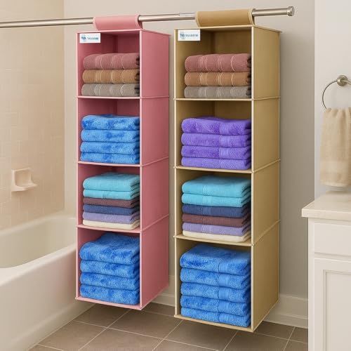 Image of Hanging Organizer 4 Shelves Non-Woven Foldable and Universal Fit Closet Organizer Collapsible Wardrobe Organiser for Regular Garments Cupboard 4 Tier for Bedroom Combo Pack of 2