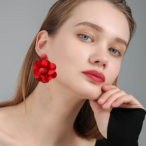 Rattan Earrings Summer Boho Handwoven Big Fabric Chiffon Rattan Flower Drop Earrings Statement Tropical Beach Vacation Jewelry3