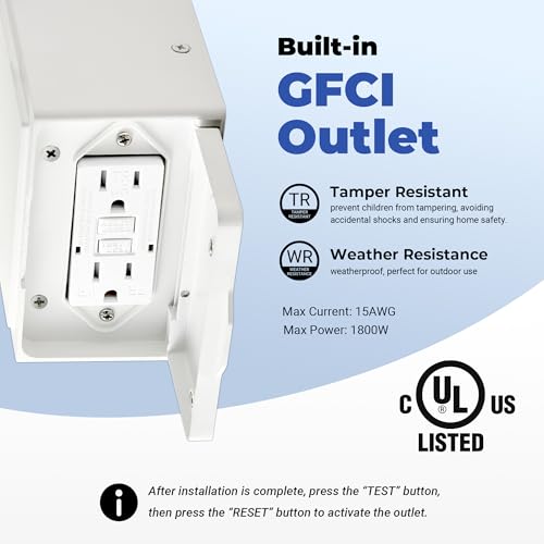 Image of White Motion Sensor Outdoor Lights with GFCI Outlet, Distance and Time Adjustable Exterior Lighting Fixtures, Dusk to Dawn Outside Light for House, Porch, Garage, 5 Modes, Waterproof, Anti-Rust