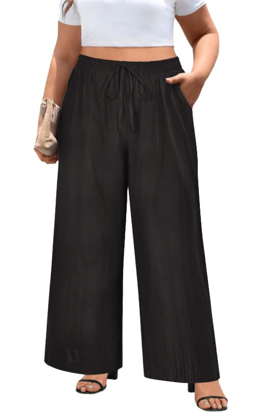 RITERA Plus Size Pants Summer Wide Leg Pant with Pockets Casual Trousers High Waisted Drawstring Lounge Pants XL-5XL