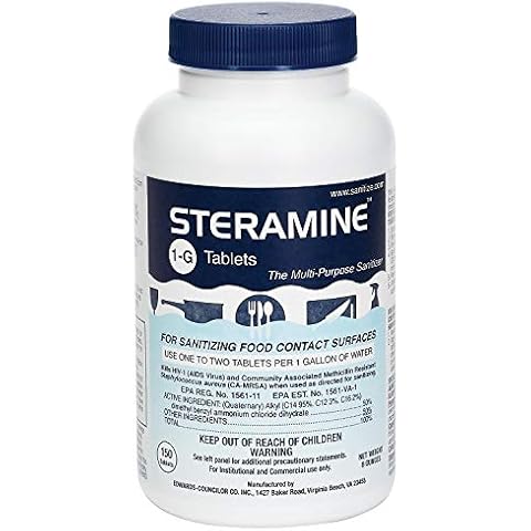 Steramine Sanitizing Tablets, Sanitize Food Contact Surfaces, Model 1-G, 150 Sanitizer Tablets per Bottle, Blue, Pack of 1 Bottle Cover