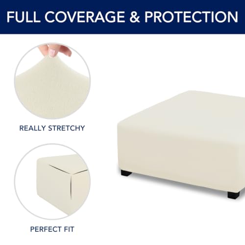 Image of PureFit Super Stretch Form Fit Ottoman Cover Rectangle - Ottoman Slipcovers for Foot Stool Cover & Folding Storage Slipcover for Living Room with Nonslip Elastic Bottom (Medium-L, Ivory)