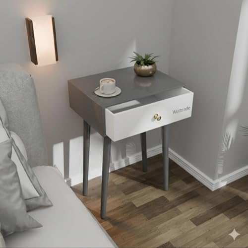 Image of Shoppee Wooden Antique 1- Drawer Wood Side Table Accent End Table for Living Room Solid Wood Leg Classic Bedside Table Nightstand for Bedroom (Grey)