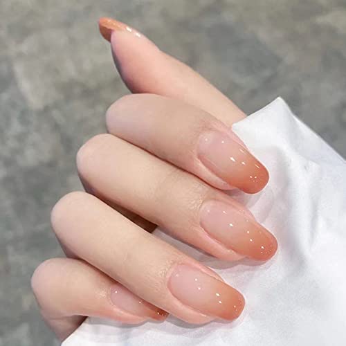 ANDGING Press on Nails Short Medium Coffin, Fake Nails for Women with Milky White and Brown Ombre Design, Square Reusable Full Cover Acrylic Nails Press on, Stick on Nails for Wedding Birthday 24Pcs