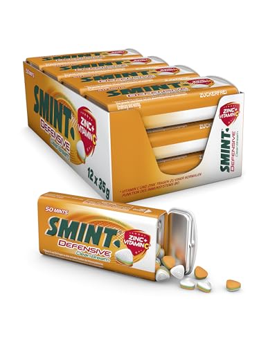 Smint Defensive Clean Breath Metall-Dose enthält 50 Pastillen mit Orangen-Minz Geschmack zuckerfreie Dragees mit Zink & Vitamin C (1 x 50 Stück)
