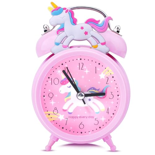 Aitsite Despertador Infantil con Diseño de Unicornio para Niñas, Despertador Silencioso Sin Tic TAC, Noche Reloj Clásico de Doble Campana con luz de Fondo, Habitación Adecuada para Niños Decorados