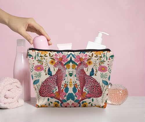 Floral Leopard Makeup Bag, Hot Pink Preppy Leopard Cheetah Makeup Bag, Preppy Stuff, Leopard Print Gifts for Women, Floral Cosmetic Bag Makeup Pouch4