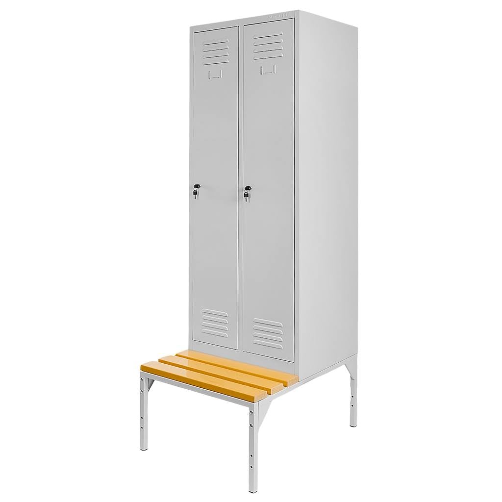 MEGA-M Podstawa do szafki BHP 80 z ławeczką WPC | metalowy stelaż, stałe siedzisko, przestrzeń na obuwie, 80 × 80 × 43 cm, do szatni i pomieszczeń socjalnych