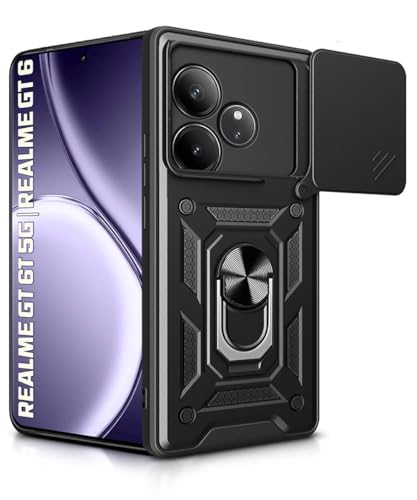 Image of WOW IMAGINE Tough Armor Bumper Mobile Back Case for Realme GT 6T 5G | Realme GT 6 | Sliding Camera Shield Cover | Shock Proof 360 Protection | Hybrid PC + TPU | Ring Holder with Kickstand - Black