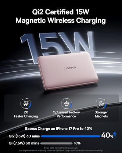 Image of Baseus Picogo Magsafe Portable Charger, Qi2 15W 0.5 inch Ultra Slim 10000mAh Wireless Power Bank, 27W Fast Charging Magnetic Battery Pack with USB-C for iPhone 17 Pro Max /17 Pro /Air /16 /15 /14 /13 /12