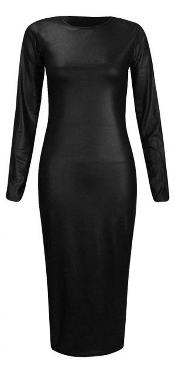Crazy Girls Women Ladies PU PVC Wet Leather Look Bodycon Mini Midi Dress Tunic Top Peplum Skater Maxi Skirt Leggings 8-26 (16-18, Midi-Long Sleeve)