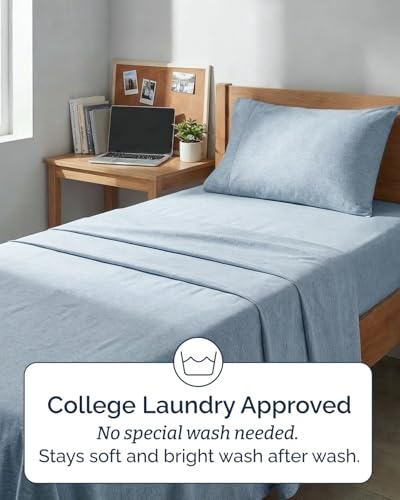 Image of Twin XL 4 Piece Sheet Set - College Dorm Room Essentials - Heathered Blue | Ultra Soft Dorm Bedding Set, 8 inch to 16 inch Inch Deep Pockets, 1 Flat & 1 Fitted Sheet & 2 Pillowcases, Wrinkle & Fade Free