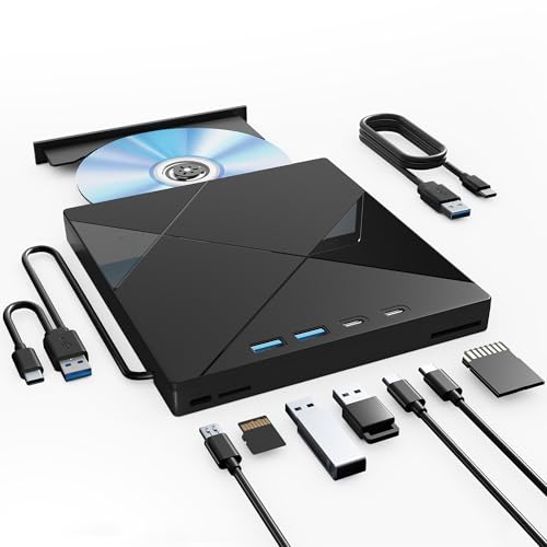 Image of Wbacon 7 in 1 External CD /DVD Drive for Laptop, Portable DVD Player for Laptop with SD /TF Port, External DVD Drive with USB 3.0 /Type C, CD Drive USB for PC Windows Linux
