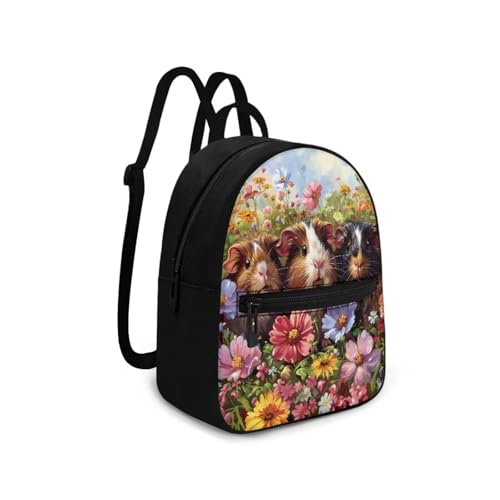 HUGS IDEA Guinea Pig Backpacks for Women Flowers Mini Cell Phone Purse for Travel Shoulder Bags Small Backpack with Adjustable Straps Handbag Lightweight Handbag for Work