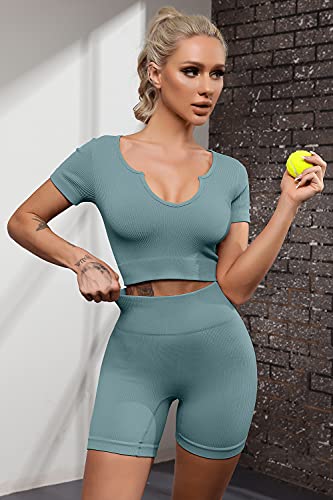 QINSEN Active Wear Outfits for Women Ribbed Seamless Sport Shorts Crop Tops 2 Piece Yoga Sets L - Image 3