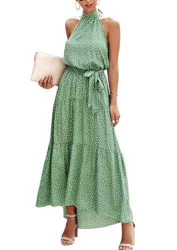 Image of PRETTYGARDEN Women's Halter Neck Floral Long Maxi Dress Casual Sleeveless Backless Dresses Loose Ruffle Sundress with Belt
