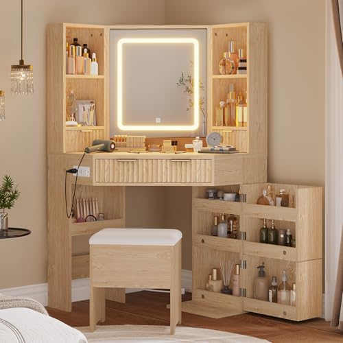 HAUOMS Fluted Corner Vanity Desk with Mirror Lights, Makeup Vanity with Charging Station, Drawers & Rotating Cabinets, Corner Vanity with Storage Bench, for Bedroom, Natural Wood