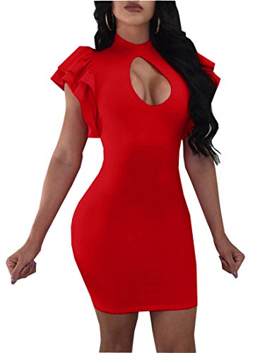 Mokoru Women's Sexy Ruffle Short Sleeve Hollow Out Bodycon Party Mini Club Dress, Medium, Red #TOP2
