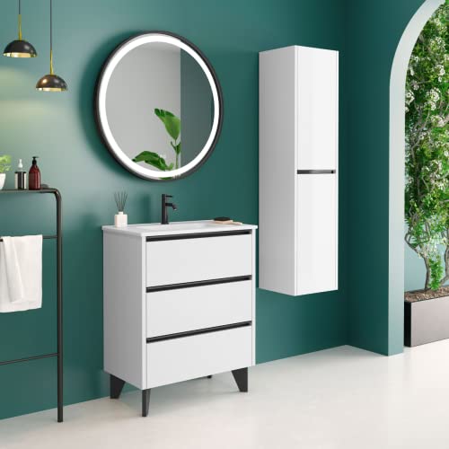 Mueble de Baño al Suelo con Lavabo Cerámico Escorpio | Mueble Baño con Patas de 3 Cajones con Cierre Amortiguado y Organizador Máximo Almacenamiento | Blanco Brillo Tirador Negro | 70cm