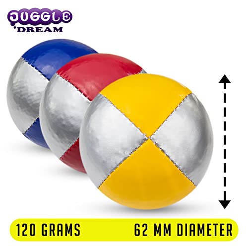 Juggle Dream 3X Pro Thud Jonglierbälle - Set mit 3 professionellen Jonglierbällen mit kostenlosem Online-Lernvideo, perfekt für Anfänger und Experten (Silber/Blau, Silber/Rot, Silber/Gelb)