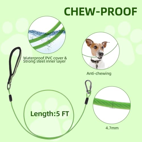 Image of Mihachi Dog Leash Chew Proof, Soft Reflective Padded Handle Dog Chain Leashes, Waterproof Anti Biting Pets Leashes, Stainless Steel Wire Rope Lead for Small Medium Large Dogs Outdoor, 5FT, Green