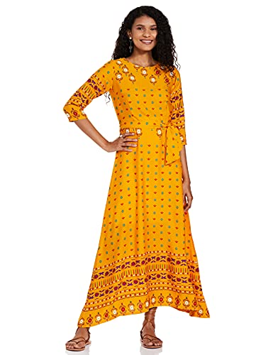 Image of plusS Georgette A-Line Dress (LDR4668-OCHERPRINT Yellow 2XL)