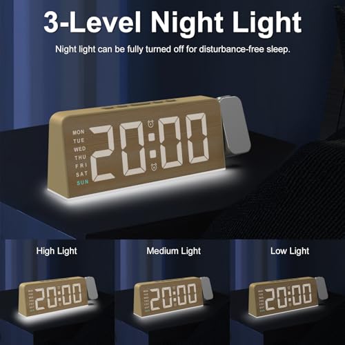 Projection Alarm Clock for Bedroom, Digital Night Light Clock with 180° Projector on Ceiling, 3 Level Brightness, USB Charger, Temperature, Dual Alarms for Kids, Heavy Sleepers, Snooze, 12/24H (Wood) - Image 4