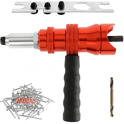 POWLAB Professional Rivet Gun Adapter Kit - Cordless Riveting Drill Tool with 4 Rivet Heads & 200 Blind Rivets - Easy Processing for Pop Rivets - Durable Alloy with Removable Handle for DIY Projects