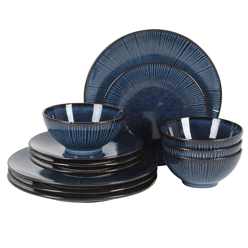 Image of Gibson Elite Midnight Lune Plates and Bowls Sets, 12-Piece Stoneware Dinnerware Sets, Reactive Glaze Dish Set - Blue