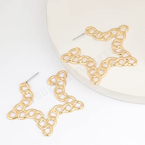 Image of Young & Forever Gift Stainless Steel Gold Plated Curb Chain Hoop Earrings for Women Big Hoop Dangle Earring for Women Star Earrings Thin Geometric Hoop Earrings