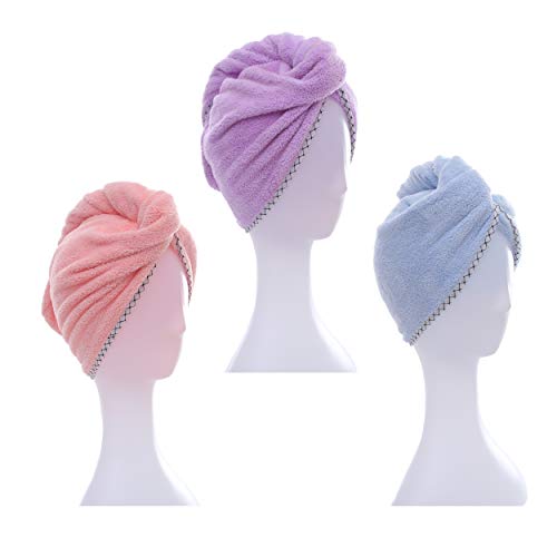 Microfiber Coral Fleece Hair Towel Wrap Turban with Button 3 Pack 10×25 Inch Fast Dry Soft Absorbent for Long Hair Hair Drying Cap