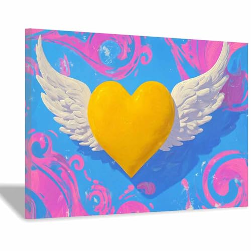 Décoration murale cœur ailé moderne et tableau d'amour jaune encadré 40x60cm