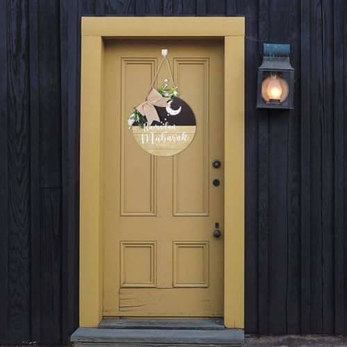 Letrero redondo de madera Eid Mubarak con grabado caligráfico para puerta 6