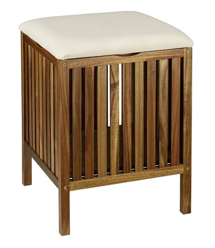 WENKO Fondi Tabouret de Salle de Bain et de Salon en Bois d'acacia Massif avec Couvercle Amovible et Coussin d'assise Beige Dimensions 39 x 52 x 39 cm Couleur...