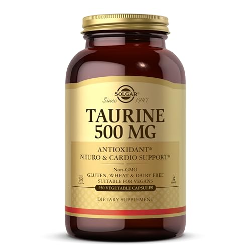 Solgar Taurine 500 mg 250 Vegetable Capsules - Antioxidant - Brain & Heart Health - Amino Acid - Vegan Gluten Free Dairy Free Kosher Halal - 250 Servings