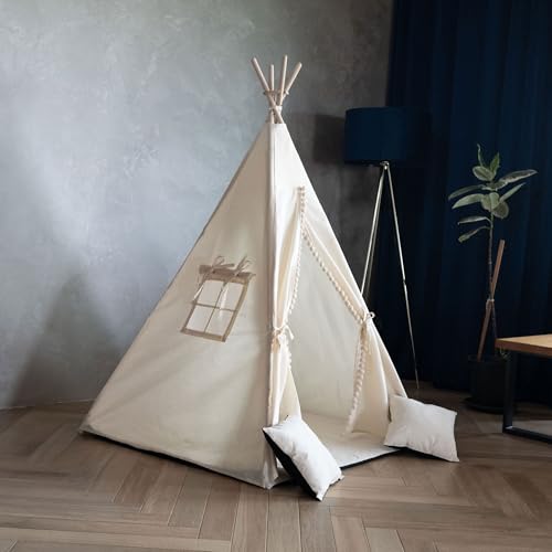 PaLulli® Tipi Zelt für Kinder aus 100% Baumwolle mit Kuschelmatte, Anti-Kollaps-System [Stabil], Camping-Hängelampe & 2 Dekokissen, Tippi Kinderzelt Teepee Spielzelt (BEIGE)