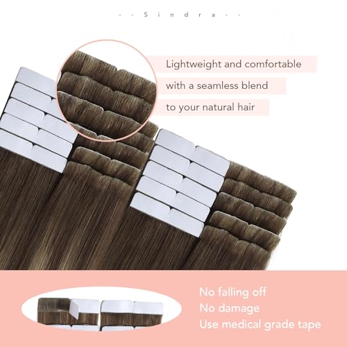 Image of Sindra Invisi Edge Tape in Extensions Human Hair | 18Inch 20pcs 50g, Seamless Injected Tape Ins Extensions, Medium Brown to Caramel Blonde, Invisible Tape in Hair